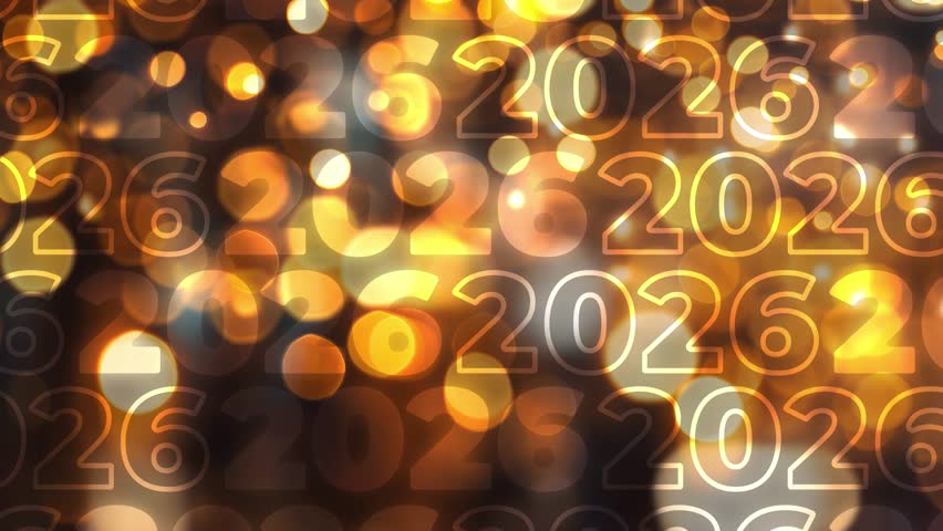 4K video. Loop animation. Outline, fill bold wave number 2026 moves horizontally on gold bokeh lights background for Happy New Year event. Screensaver for social media. Christmas celebrations concept