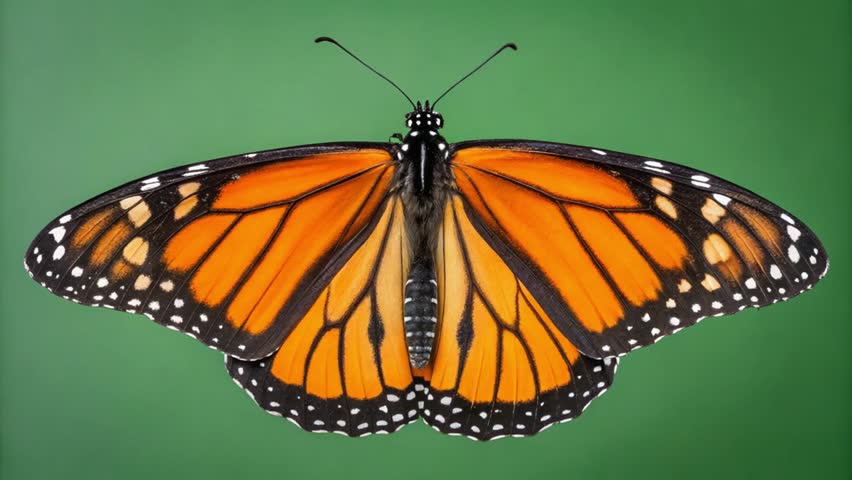 A beautiful monarch butterfly with orange and black wings spread wide against a green background