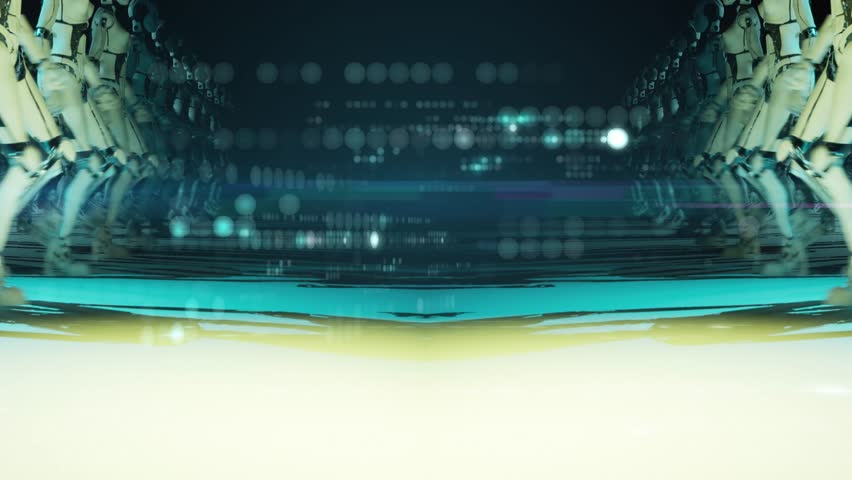 High technology title or text background intro. Modern 3d animation with walking mechanical characters and digital overlay
