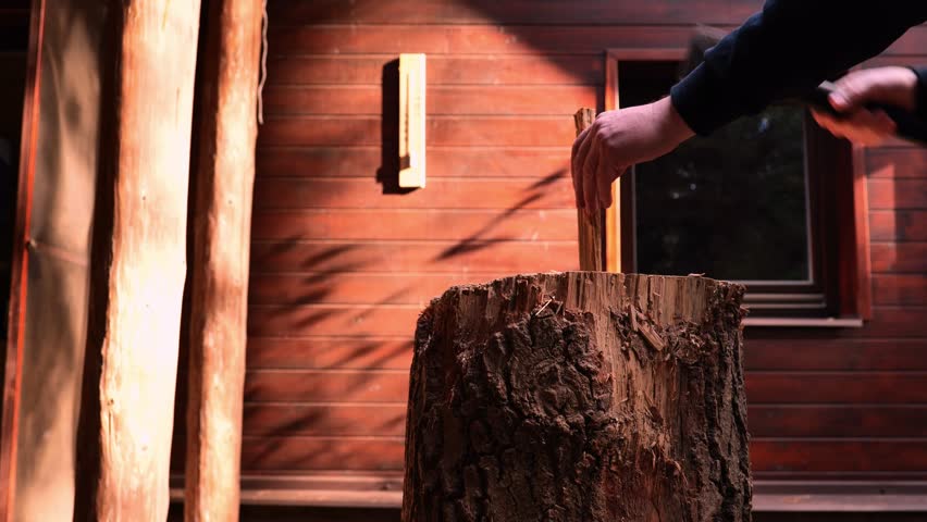 axes work.The process of chopping firewood. man chopping firewood in sunny weather. 4k footage