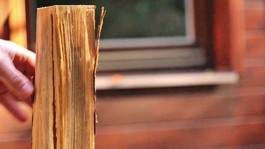 splitting wood with an axe. The process of chopping firewood bunch of chopped firewood in hands against a wooden house background. Heating season. 4k footage