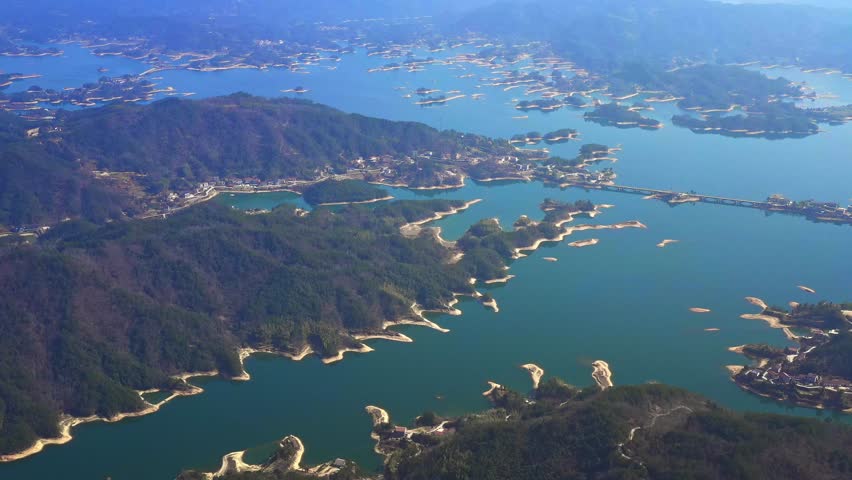 Aerial view of beautiful tieshan Lake natural landscape in hunan