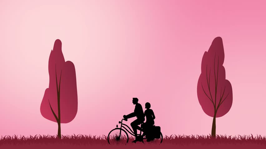 Seamless loop animation showing romantic couple cycling through dreamy landscape with trees and floating hearts, Valentine love scene, concept background for wedding, dating and romance themes.