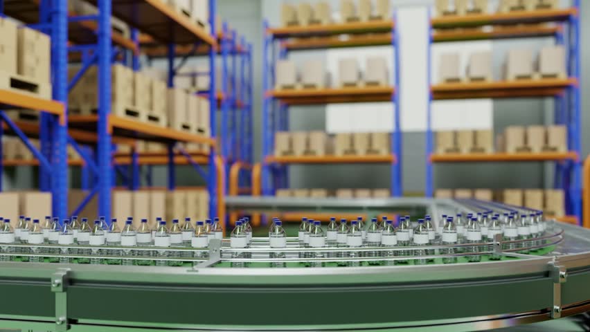 A production line conveyor belt is actively moving small plastic bottles of a clear liquid- 3D rendering