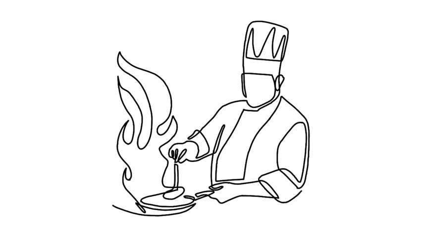 Continuous line animation of chef cooking gourmet meal, chef preparing food