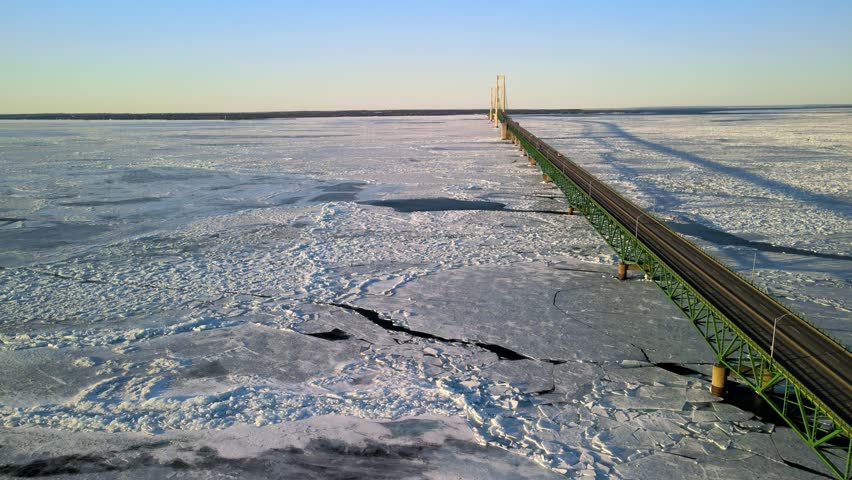 Frozen lake Michigan in winter time at Mackinac bridge crossing in Michigan