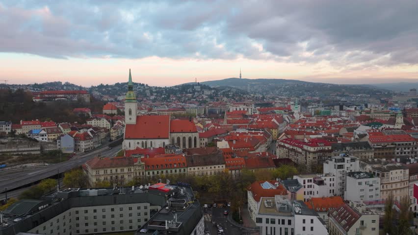 4K cinematic drone footage of St. Martin’s Cathedral in Bratislava, revealing the architectural beauty, bustling surroundings, and historic atmosphere of central Bratislava._057