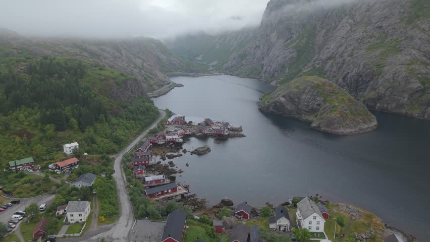 Nusfjord, Oldest And Best-Preserved Traditional Fishing Villages In The Lofoten Islands, Norway. Aerial Drone Shot