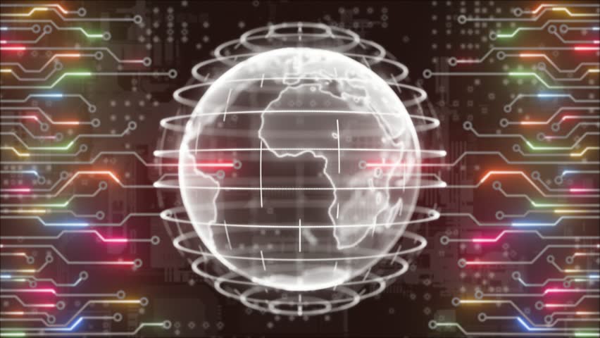 Animated colourful rotating hi tech hologram globe with motherboard chip big data hi tech design loop able dark technology background 