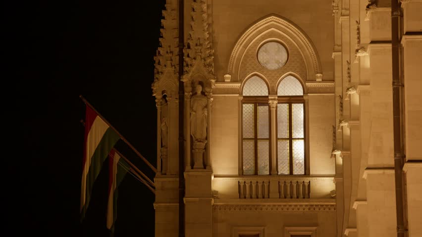 Close-up View Of Windows Of Neo-Gothic Architecture Of Hungarian Parliament Building In Budapest, Hungary.