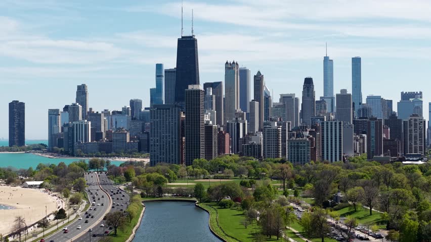 Downtown Chicago Cityscape Skyline, Drone View From North on Sunny Day, Illinois USA
