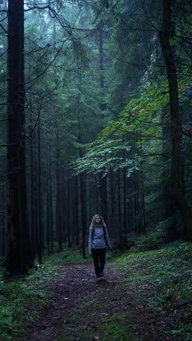Pahernik forest Slovenia woman walking and exploring forest atmosphere through foggy woods with calm twilight mood and dense tall trees.