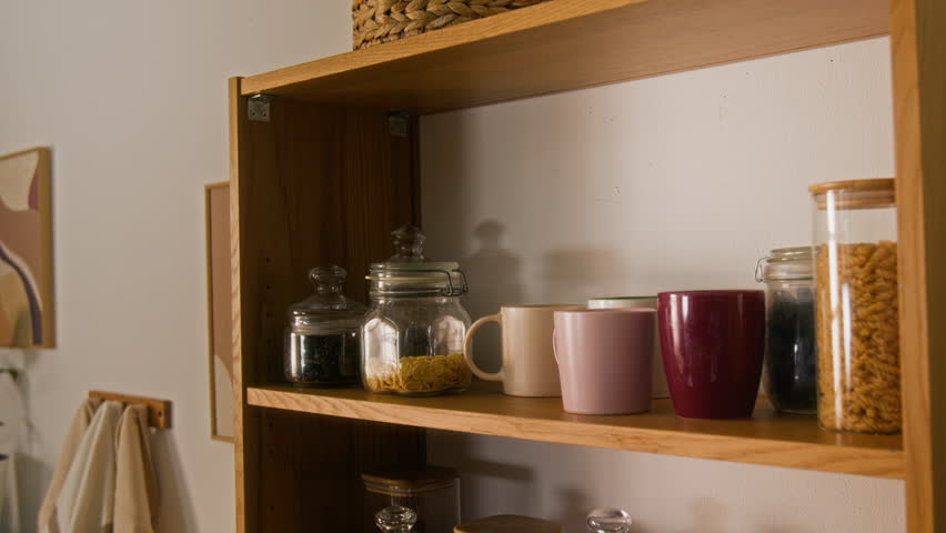 Tilt down shot of wooden shelf filled with glass jars of grains, pasta and cereal, along with stacked plates and bowls, cups in cozy home kitchen