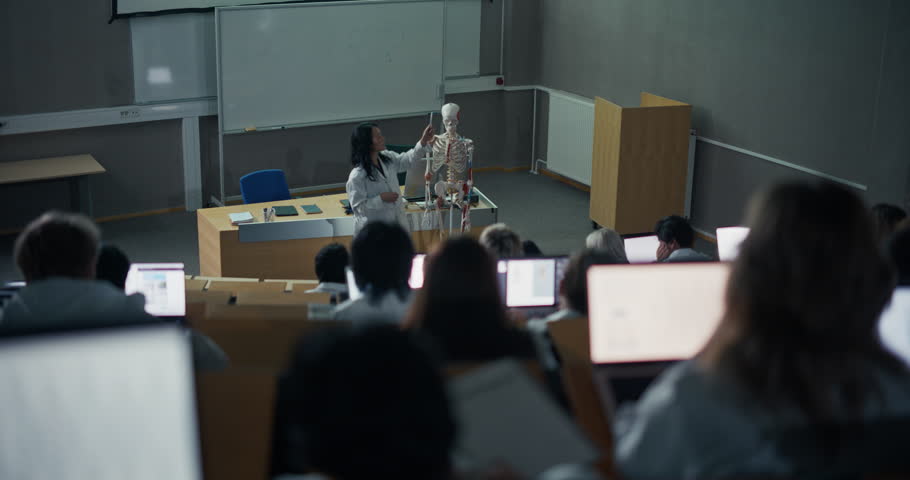 Medical Lecturer in a White Lab Coat Demonstrates Human Skeletal Anatomy With a Model, Diverse University Students Take Digital Notes on Laptops During an Science Classroom Lecture.