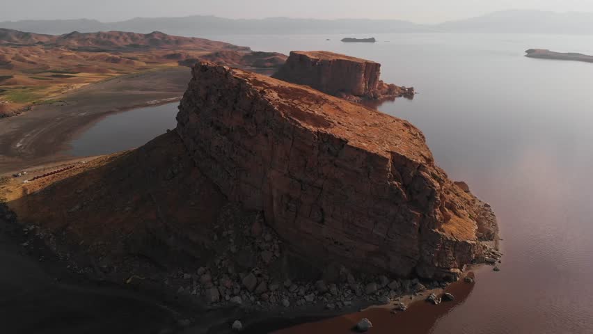 Aerial Panoramic Drone fly Lake Urmia Iran at Sunset Scenic Salt Lake Landscape