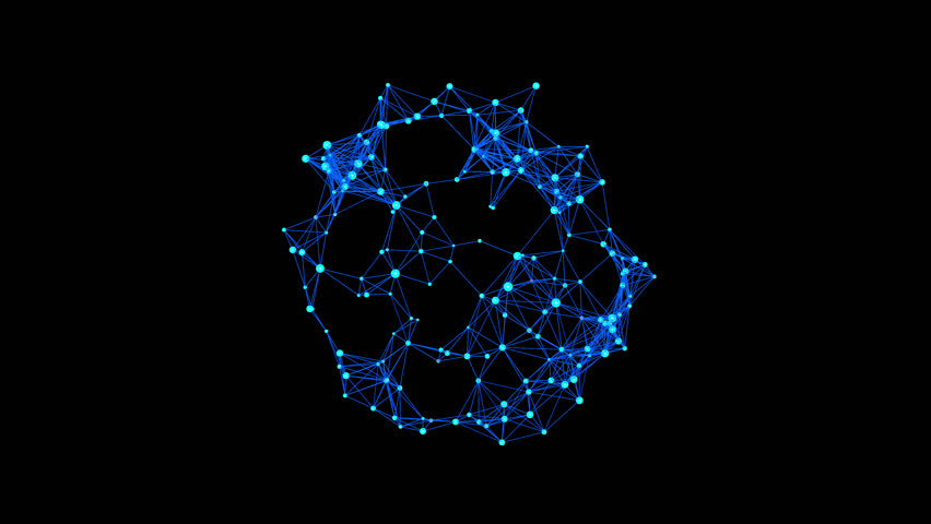 Futuristic rotating global network sphere with glowing connections and data flow. Seamless loop animation, 4K resolution, 6 seconds, with alpha channel.