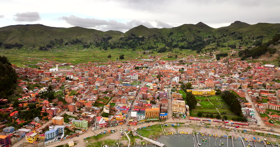 Densely built Copacabana on lakeshore of Lake Titicaca in Bolivia, aerial