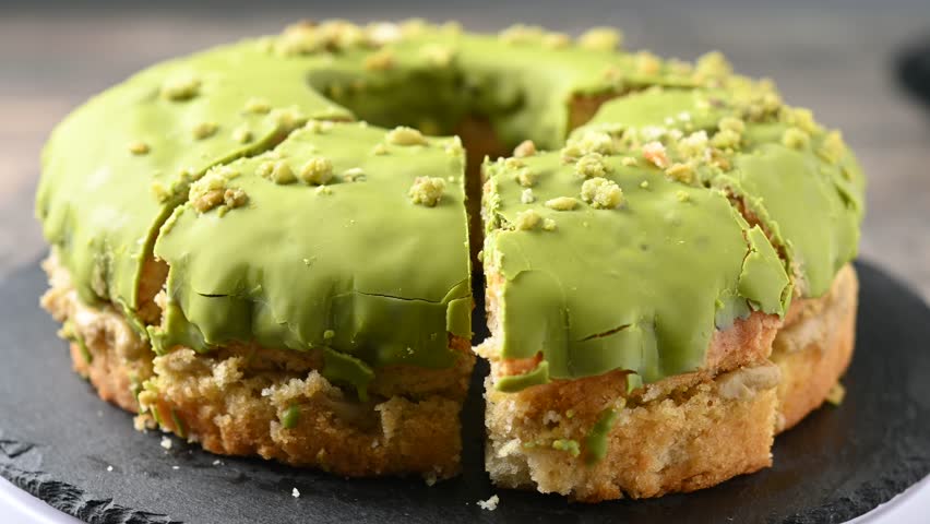 Pistachio bundt cake rotating on wooden table