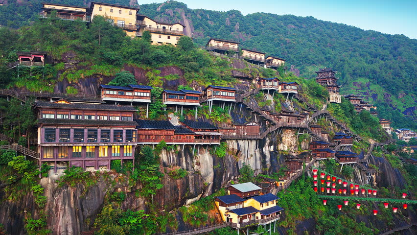 Beautiful ancient villages and traditional wooden buildings are built on the cliffs. The famous Wangxiang Valley Scenic Area is located in Jiangxi, China.