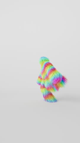 Vertical video of a multicolored furry yeti dancing over a white background. Queer concept. Cycled 3D animation, perfect for social media stories