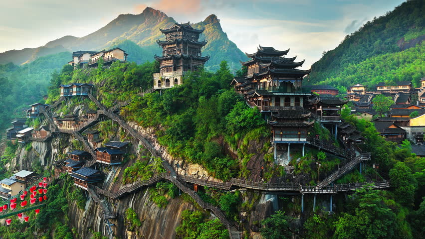 Beautiful ancient villages and traditional wooden buildings are built on the cliffs. The famous Wangxiang Valley Scenic Area is located in Jiangxi, China.