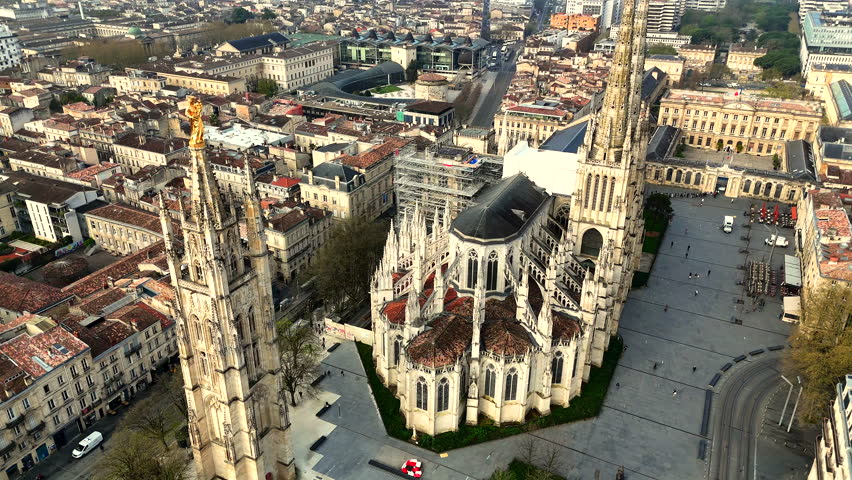 Aerial panorama Bordeaux Saint-Andre Cathedral Pey Berland tower warm light