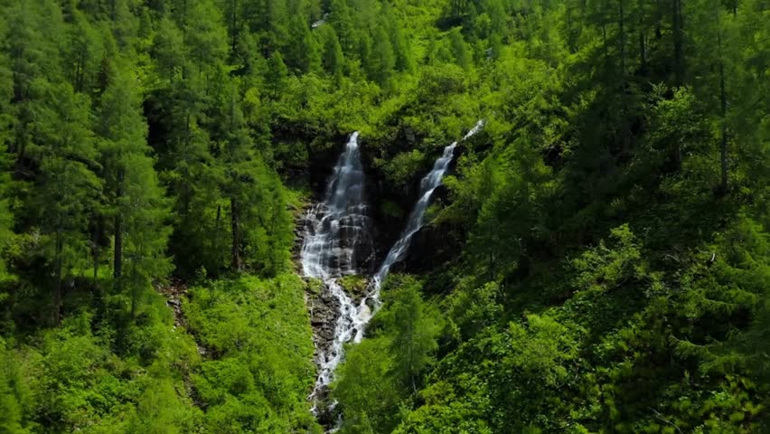 Emerald Forest Embracing a Crystal Waterfall in Alpine Wilderness