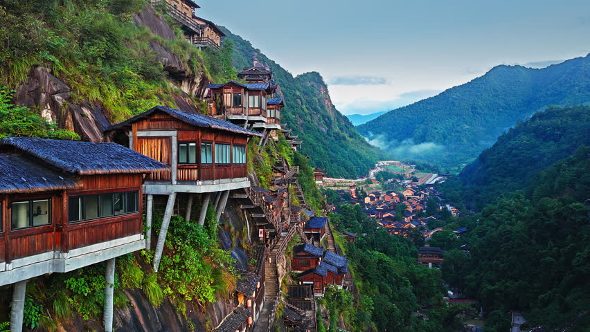Beautiful ancient villages and traditional wooden buildings are built on the cliffs. The famous Wangxiang Valley Scenic Area is located in Jiangxi, China.