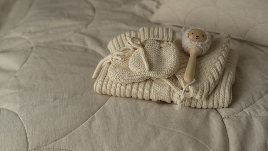 Minimal flat lay of baby essentials on a bed. Soft colors and natural textures convey calm