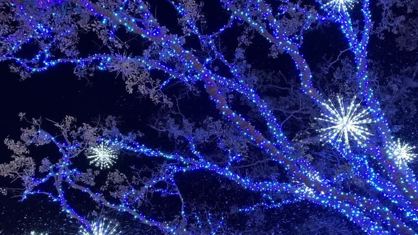 A close-up view shows an inflatable Santa with a candy cane and wreath beside a sparkling Christmas tree. Bubble-like snow and bright snowflake lights fill the dark night sky.