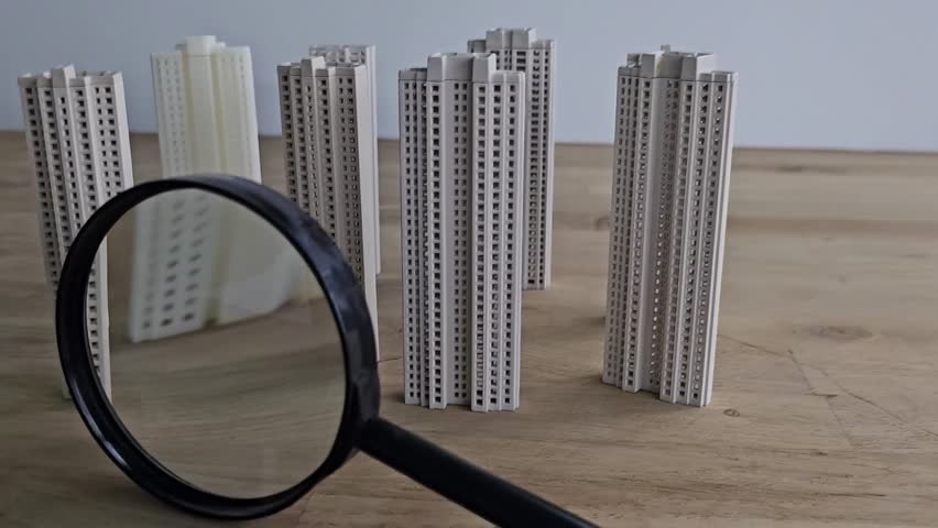 House and magnifying glass. Take a mortgage. Investments in immovable assets. Property Inspection before purchase to uncover any issues. Searching for real estate to buy. Find a suitable home.