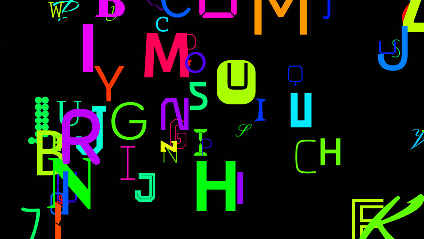 Many letters of the alphabet written with many random colors that appear and disappear on the black background