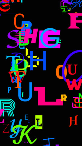 letters of the alphabet written with random colors that appear and disappear on the black background in Vertical Layout