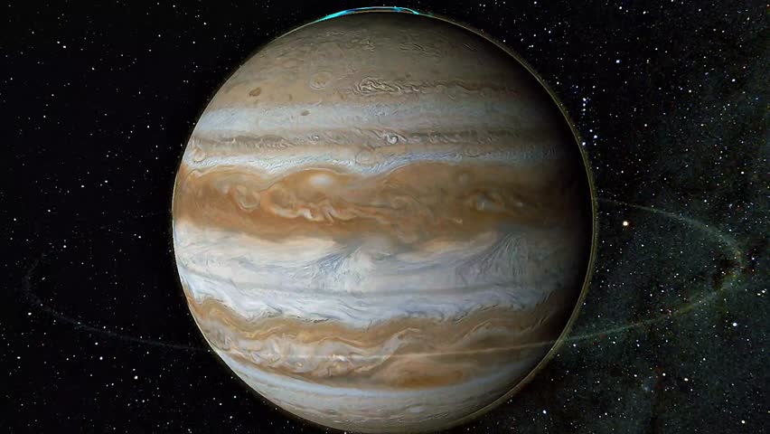 3d animation of Jupiter planet in space showing its massive size, colorful cloud bands, Great Red Spot storm, and surrounding system of moons against the backdrop of stars