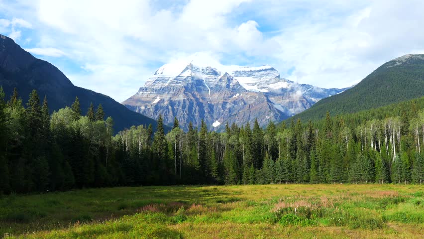 Mount robson, the highest peak in the canadian rockies, stands tall and majestic, its snow capped summit piercing the sky above a verdant meadow and a dense coniferous forest