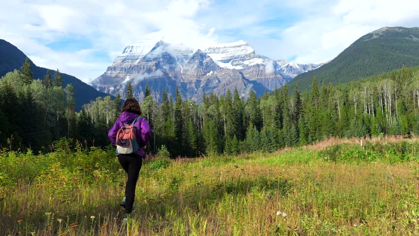 Majestic mount robson towers over a hiker walking through a meadow in mount robson provincial park, british columbia, offering a breathtaking view of nature's beauty