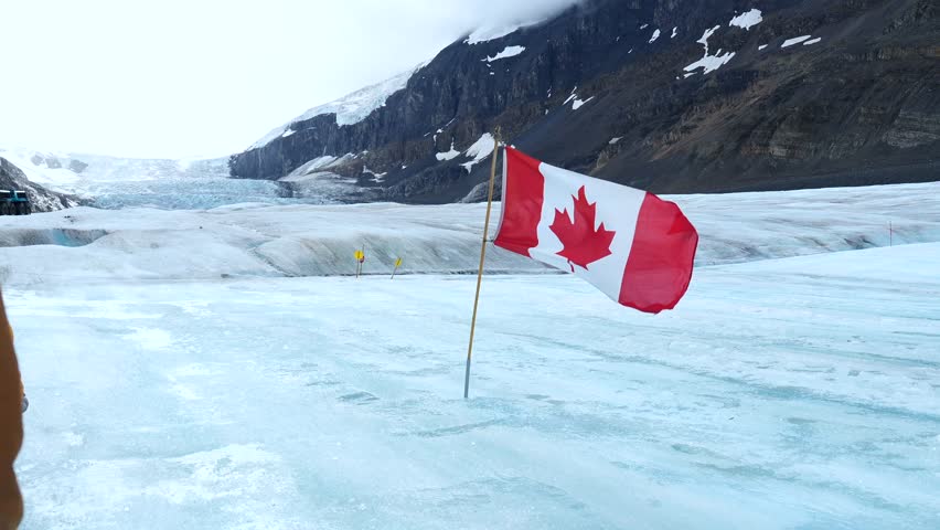Female tourist with backpack walks towards a waving canadian flag planted on the athabasca glacier, in the columbia icefield, with snowy mountain peaks in the background