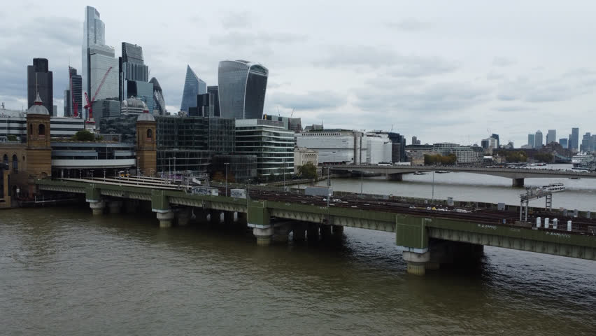 Static drone shot of London England from the Thames river 
