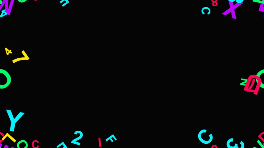 Abstract animation of colorful letters and numbers floating and rotating against a black background, creating a dynamic and vibrant visual effect.
