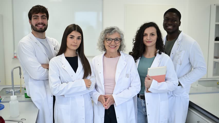 Diverse group of smiling scientists, researchers and students posing together. Multi ethnic team of professionals standing in a modern laboratory