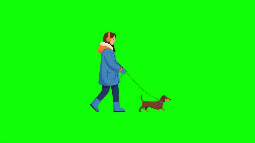 Green Screen Shot of Adult Person Walking Dog on a Leash for Easy Video Compositing and VFX
