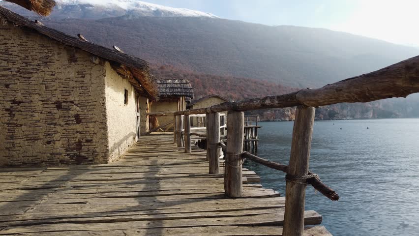 Bay of the Bones Museum, Ohrid Lake, Macedonia. A reconstructed prehistoric settlement of stilt houses by the lake.