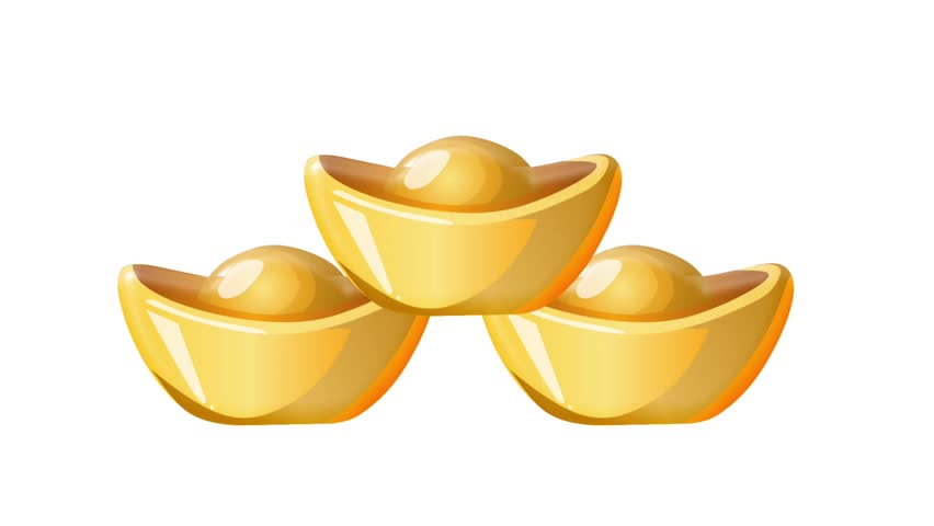 2D Animated gold ingot for Lunar New Year prosperity theme. Ideal for wealth visuals, festive promos, celebration videos, and greetings.