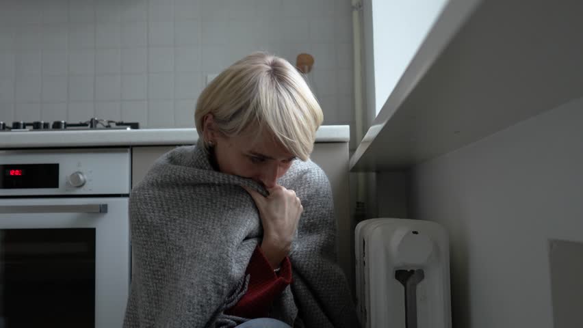 Middle aged woman shivering covering in plaid sitting in kitchen warming hands on heating radiator in cold apartment. Female staying warm in unheated house, central heating and utility problems.