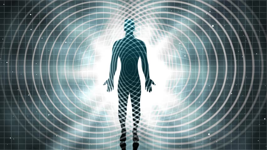 Silhouette of a standing person with radio wave effect