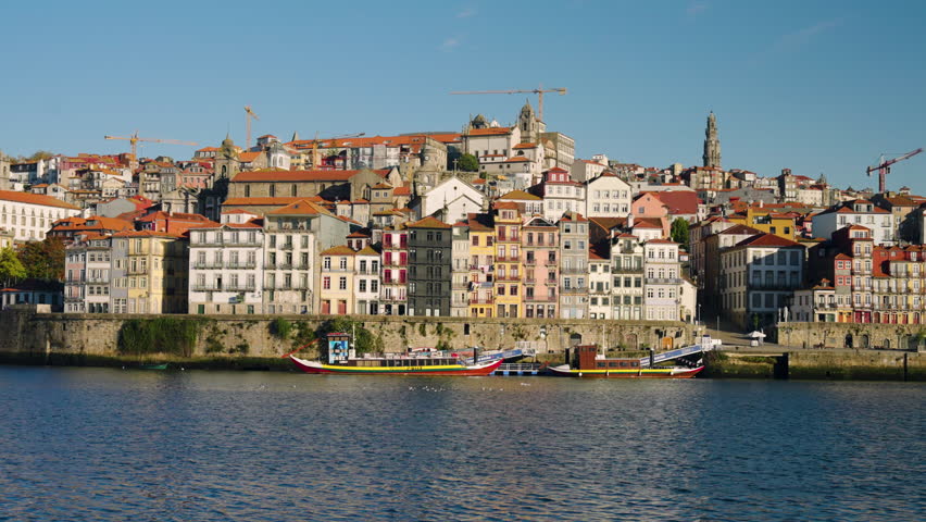 Colorful Buildings Of Ribeira District Along The Douro River In Porto, Portugal. Static Shot