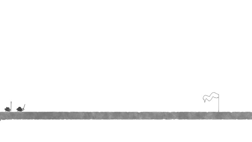 Two medieval warriors or spotted figures with a sword and spear run across the bridge. The structure also features a fluttering flag.