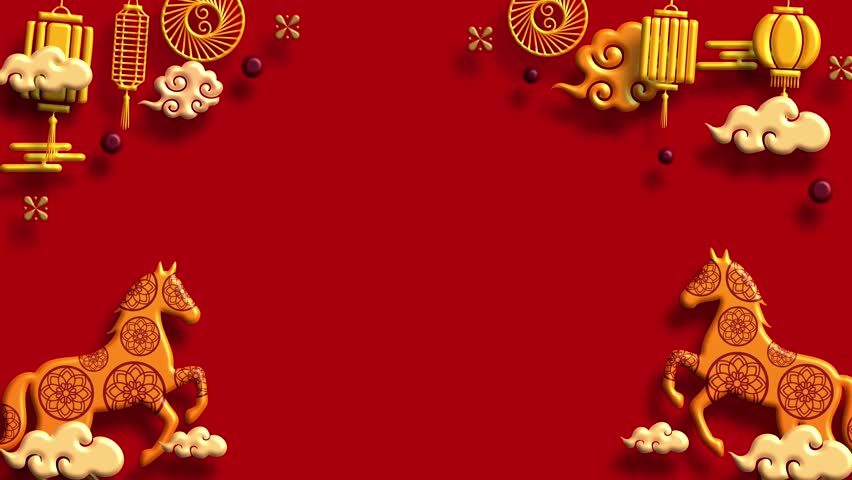 Decorative background golden horse clouds lanterns red space
