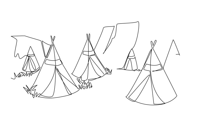Animation of continuous line drawing of a Native American teepee village, illustrating culture for American Indian Citizenship Day and celebrating traditional indigenous community. Full length motion