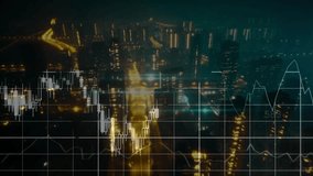 Financial market data charts displaying trends on an illuminated urban city skyline at dark night. - Powered by Shutterstock - Get 15% off with code: PIKWIZARD15
